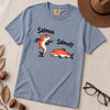 Funny Salmon-Salmoff Pun T-Shirt, Exhausted Fish Humor - Washed Denim unfolded t-shirt mockup