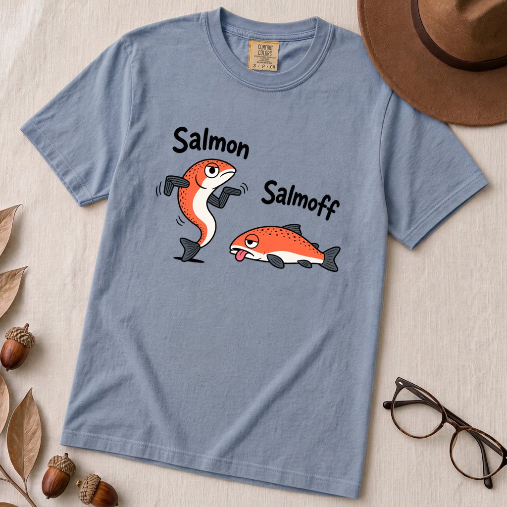 Funny Salmon-Salmoff Pun T-Shirt, Exhausted Fish Humor - Washed Denim unfolded t-shirt mockup