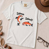 Funny Salmon-Salmoff Pun T-Shirt, Exhausted Fish Humor - White unfolded t-shirt mockup