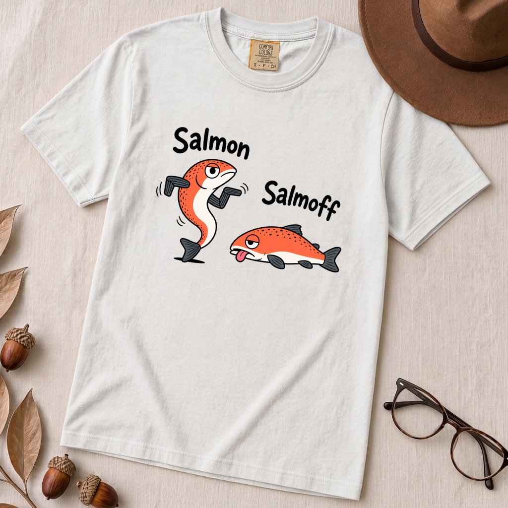 Funny Salmon-Salmoff Pun T-Shirt, Exhausted Fish Humor - White unfolded t-shirt mockup