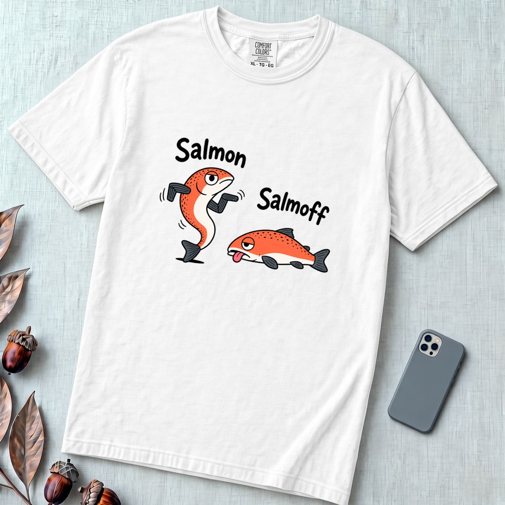 Funny Salmon-Salmoff Pun T-Shirt, Exhausted Fish Humor - White unfolded t-shirt mockup