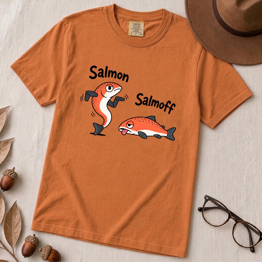 Funny Salmon-Salmoff Pun T-Shirt, Exhausted Fish Humor - Yam unfolded t-shirt mockup