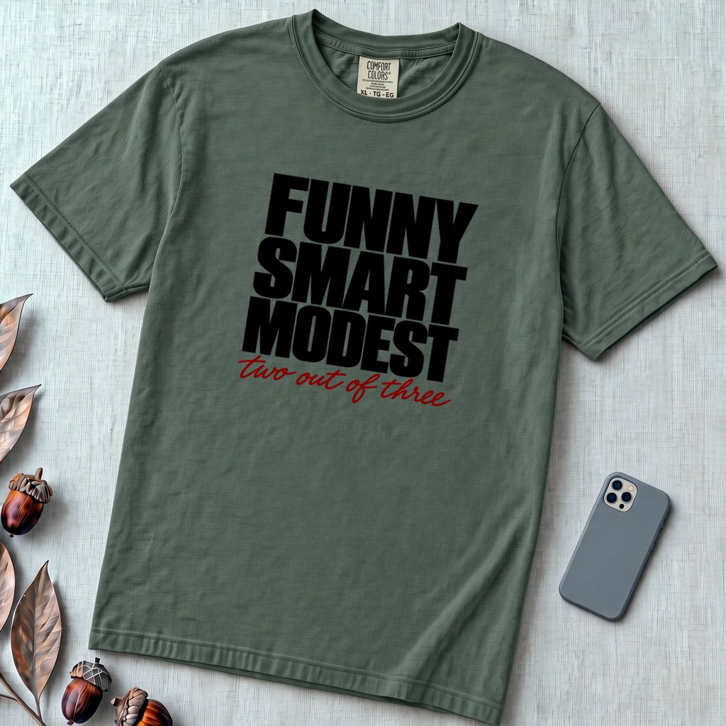 Funny Smart Modest, Two Out Of Three T-Shirt - Blue Spruce unfolded t-shirt mockup
