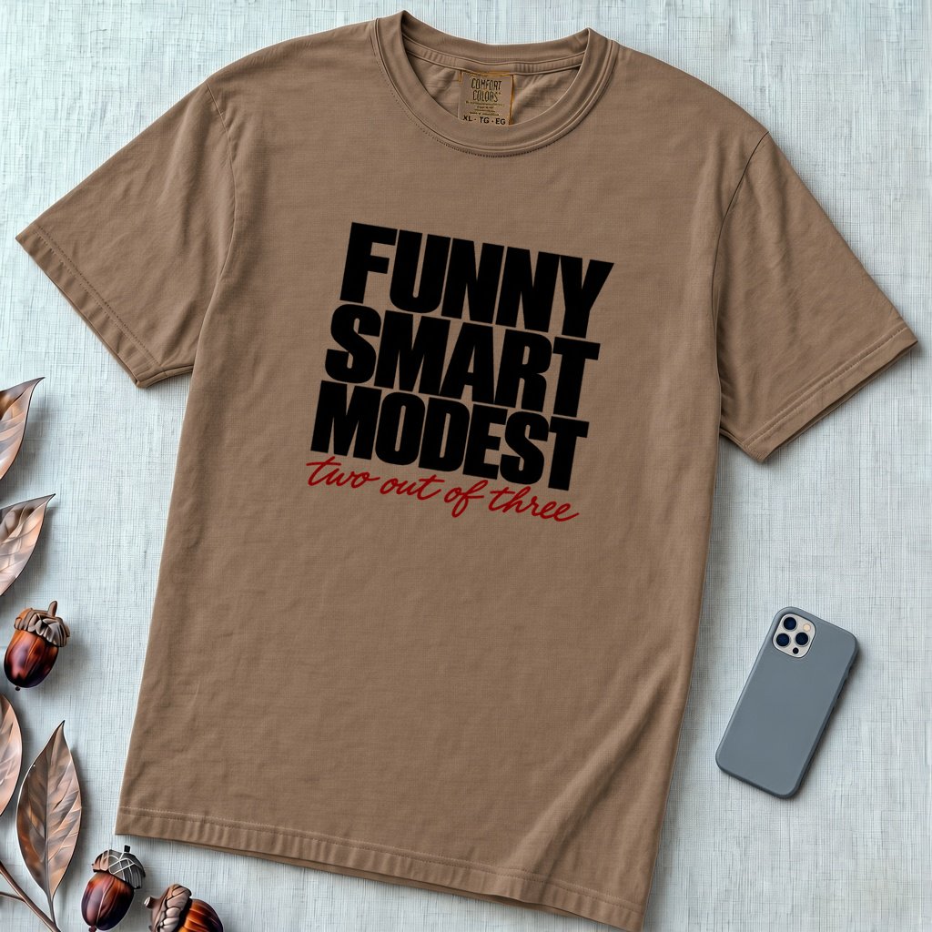 Funny Smart Modest, Two Out Of Three T-Shirt - Espresso unfolded t-shirt mockup