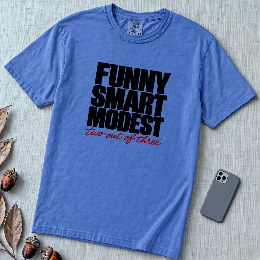 Funny Smart Modest, Two Out Of Three T-Shirt - Flo Blue unfolded t-shirt mockup