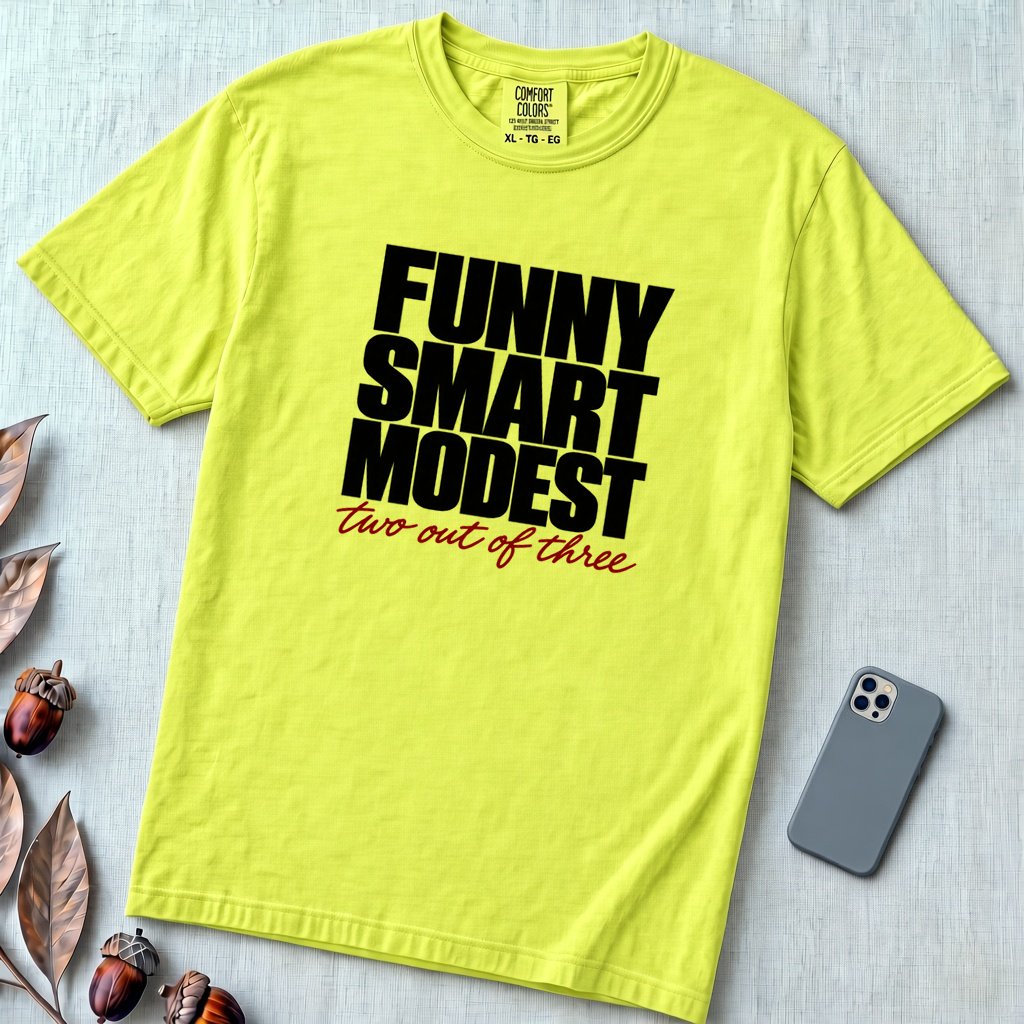 Funny Smart Modest, Two Out Of Three T-Shirt - Neon Lemon unfolded t-shirt mockup
