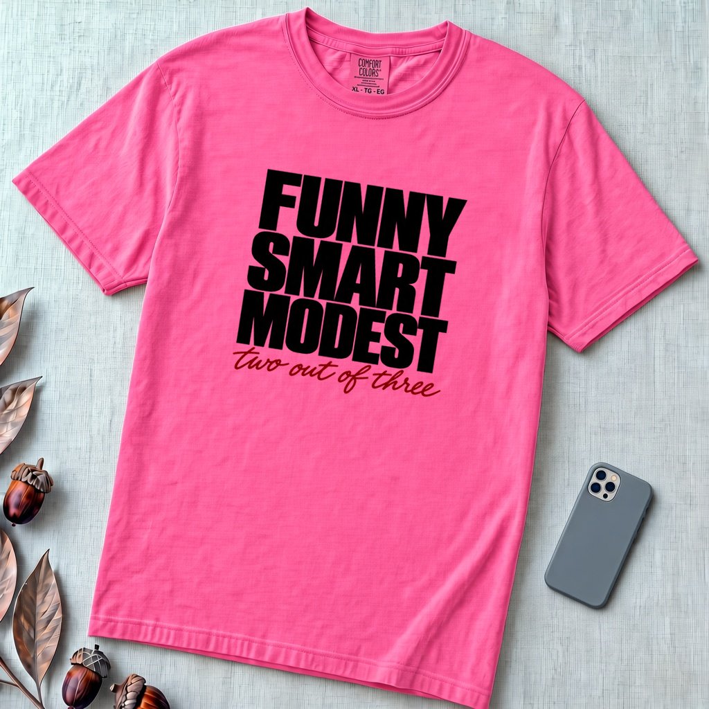 Funny Smart Modest, Two Out Of Three T-Shirt - Neon Pink unfolded t-shirt mockup