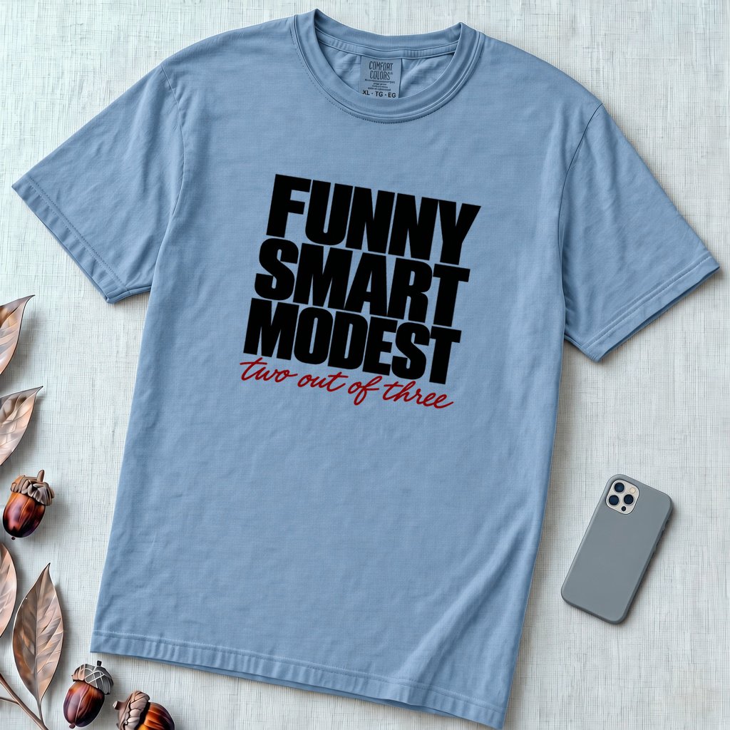 Funny Smart Modest, Two Out Of Three T-Shirt - Washed Denim unfolded t-shirt mockup