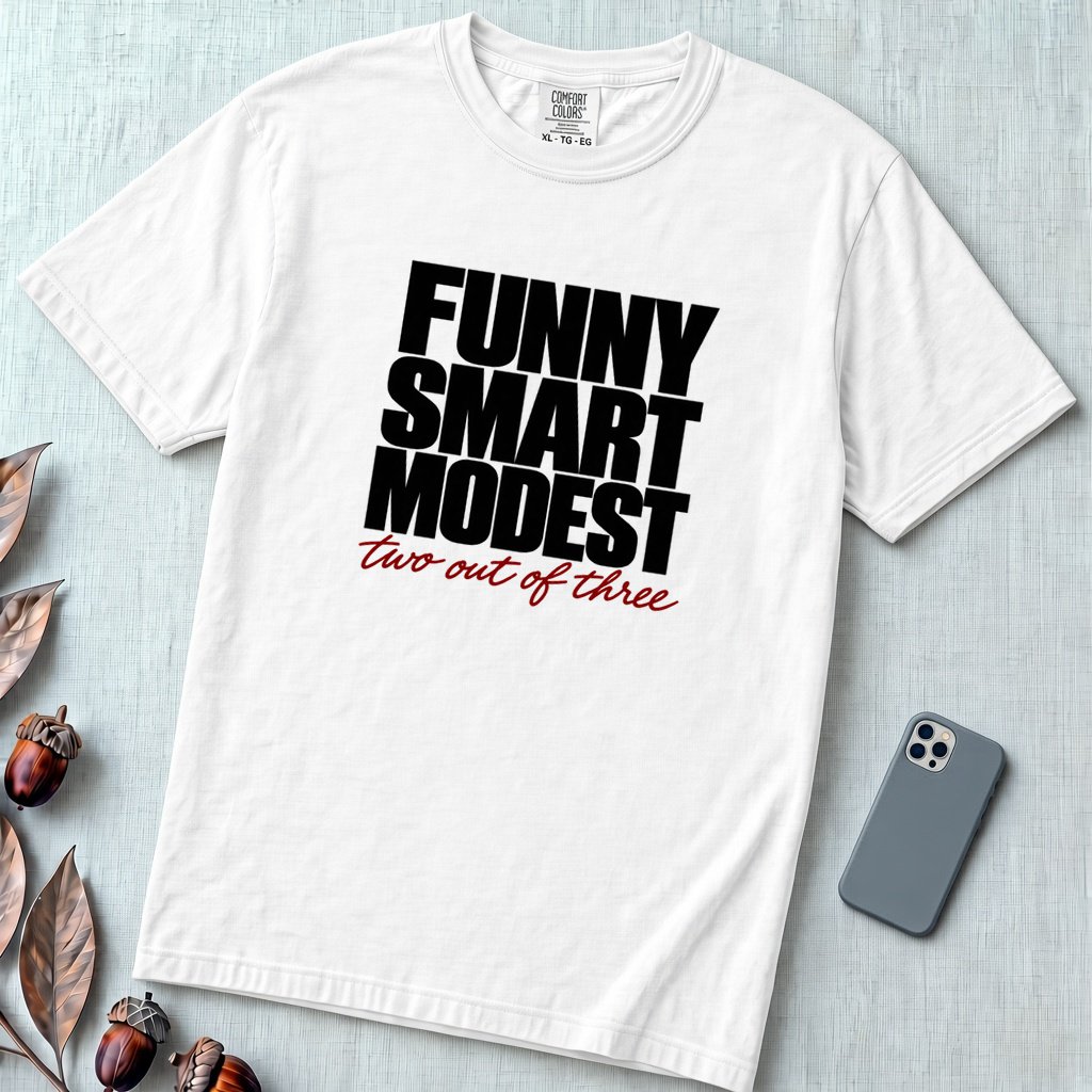 Funny Smart Modest, Two Out Of Three T-Shirt - White unfolded t-shirt mockup