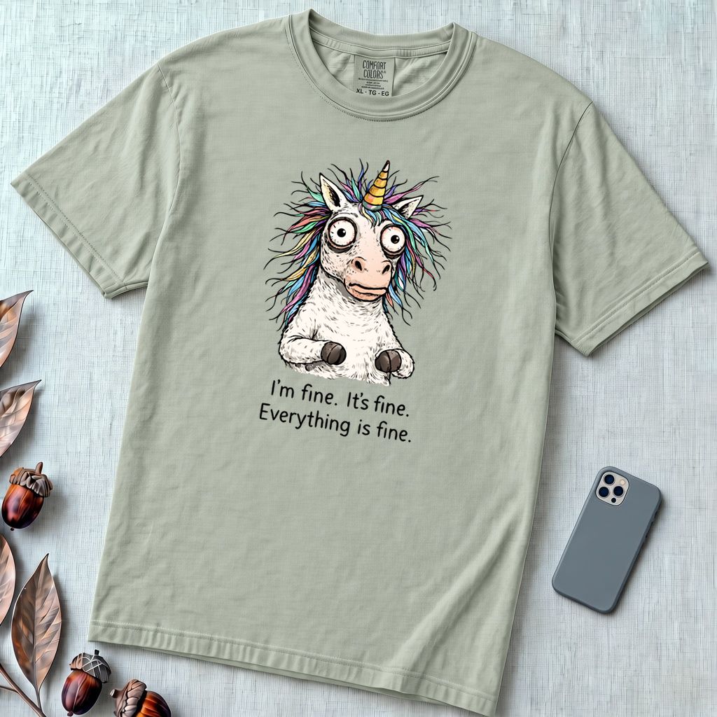 Funny Stressed Unicorn Shirt, I'm Fine Everything is Fine Tee - Bay unfolded t-shirt mockup