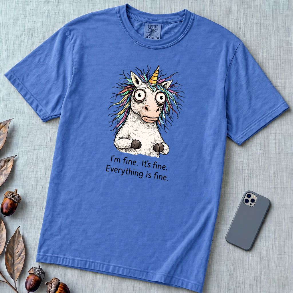 Funny Stressed Unicorn Shirt, I'm Fine Everything is Fine Tee - Flo Blue unfolded t-shirt mockup