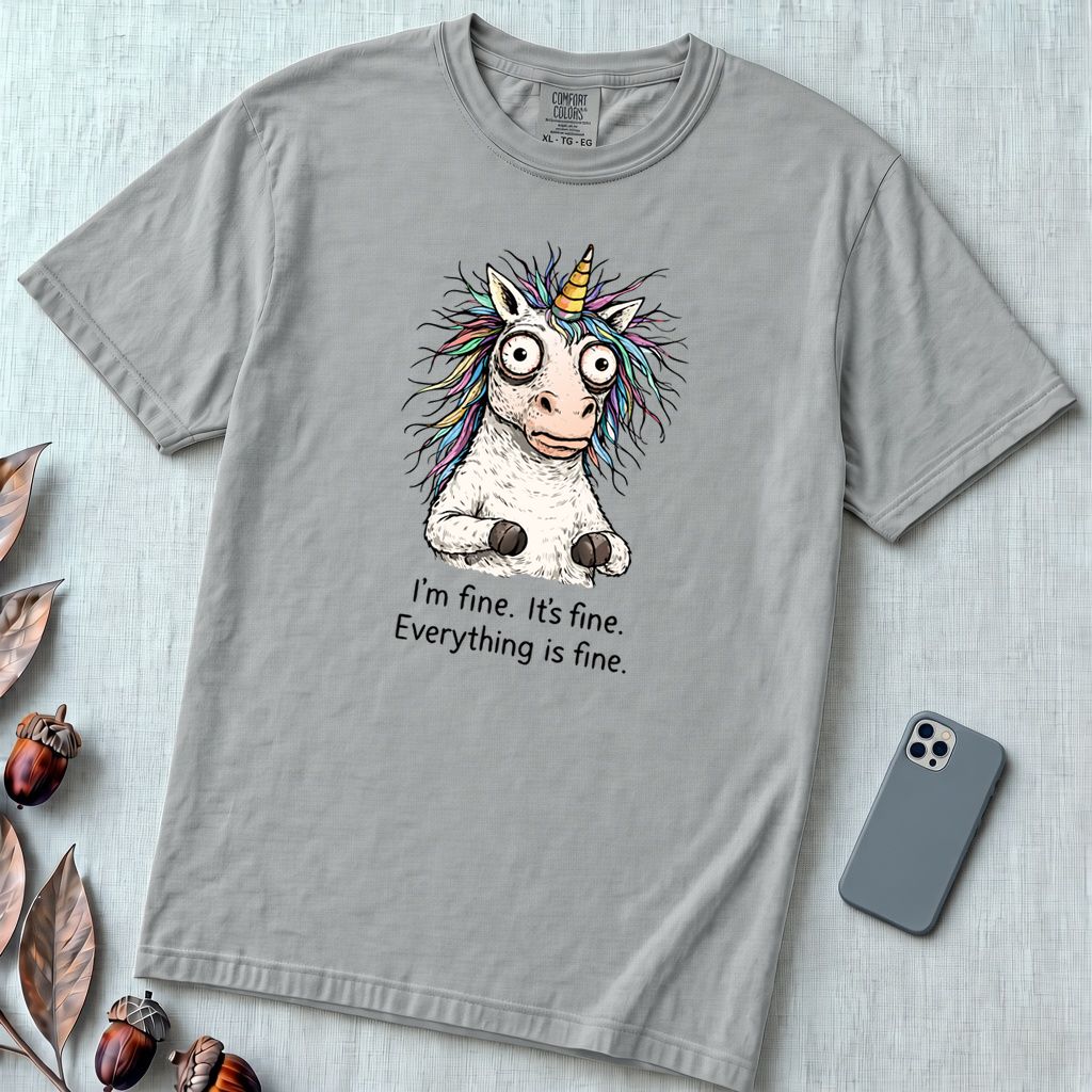 Funny Stressed Unicorn Shirt, I'm Fine Everything is Fine Tee - Granite unfolded t-shirt mockup