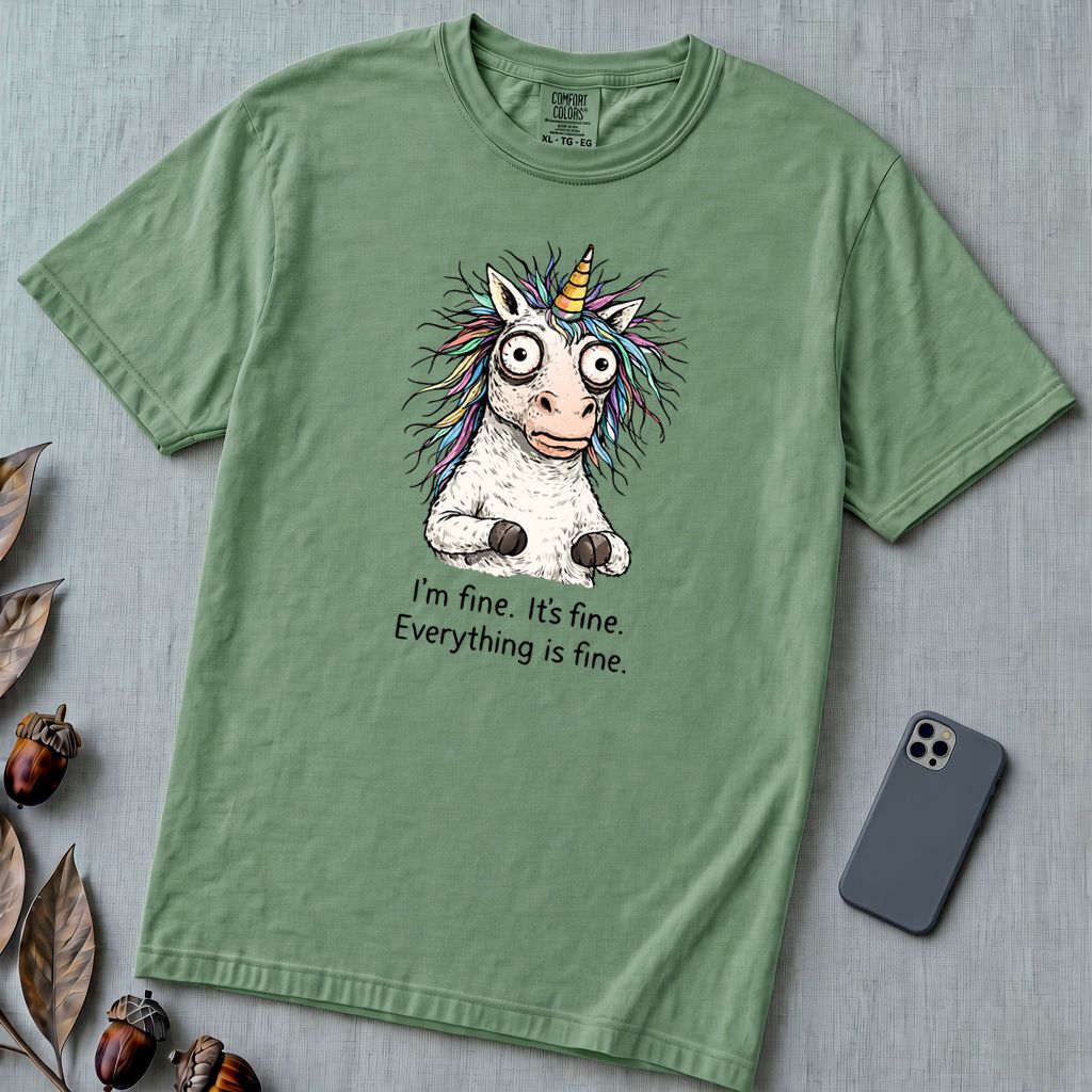Funny Stressed Unicorn Shirt, I'm Fine Everything is Fine Tee - Light Green unfolded t-shirt mockup