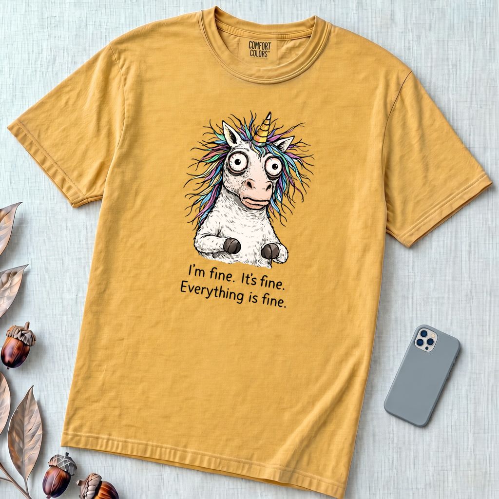 Funny Stressed Unicorn Shirt, I'm Fine Everything is Fine Tee - Mustard unfolded t-shirt mockup