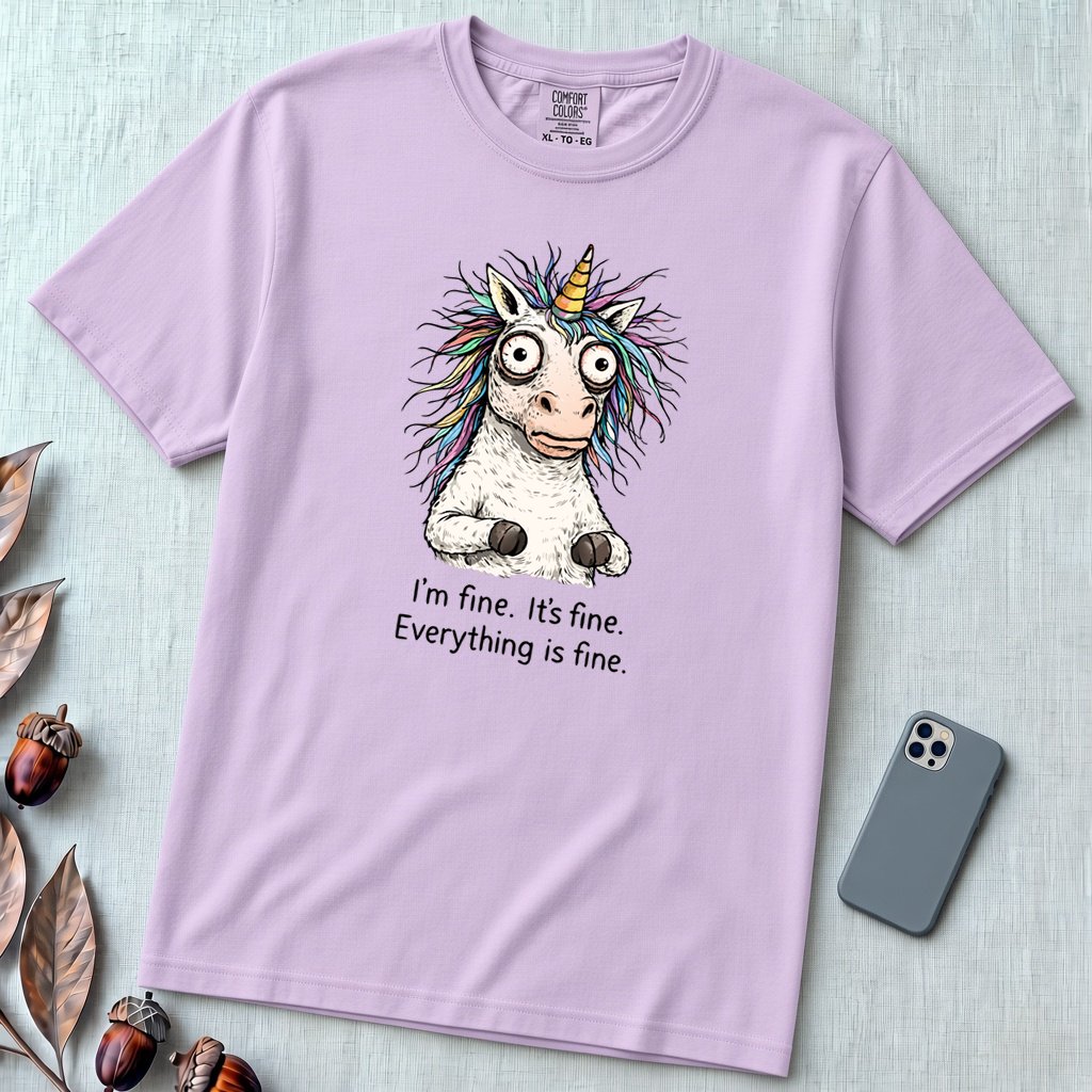 Funny Stressed Unicorn Shirt, I'm Fine Everything is Fine Tee - Orchid unfolded t-shirt mockup