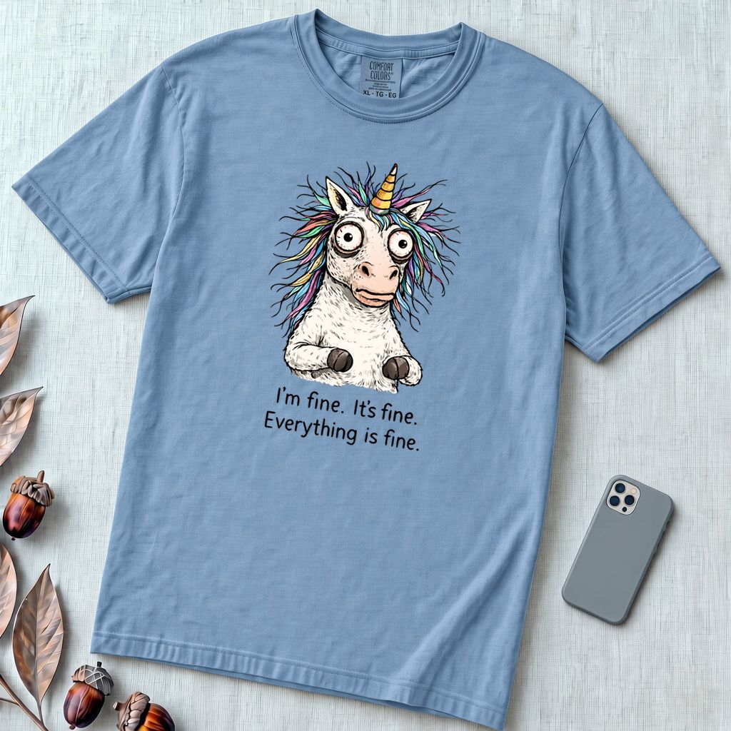 Funny Stressed Unicorn Shirt, I'm Fine Everything is Fine Tee - Washed Denim unfolded t-shirt mockup