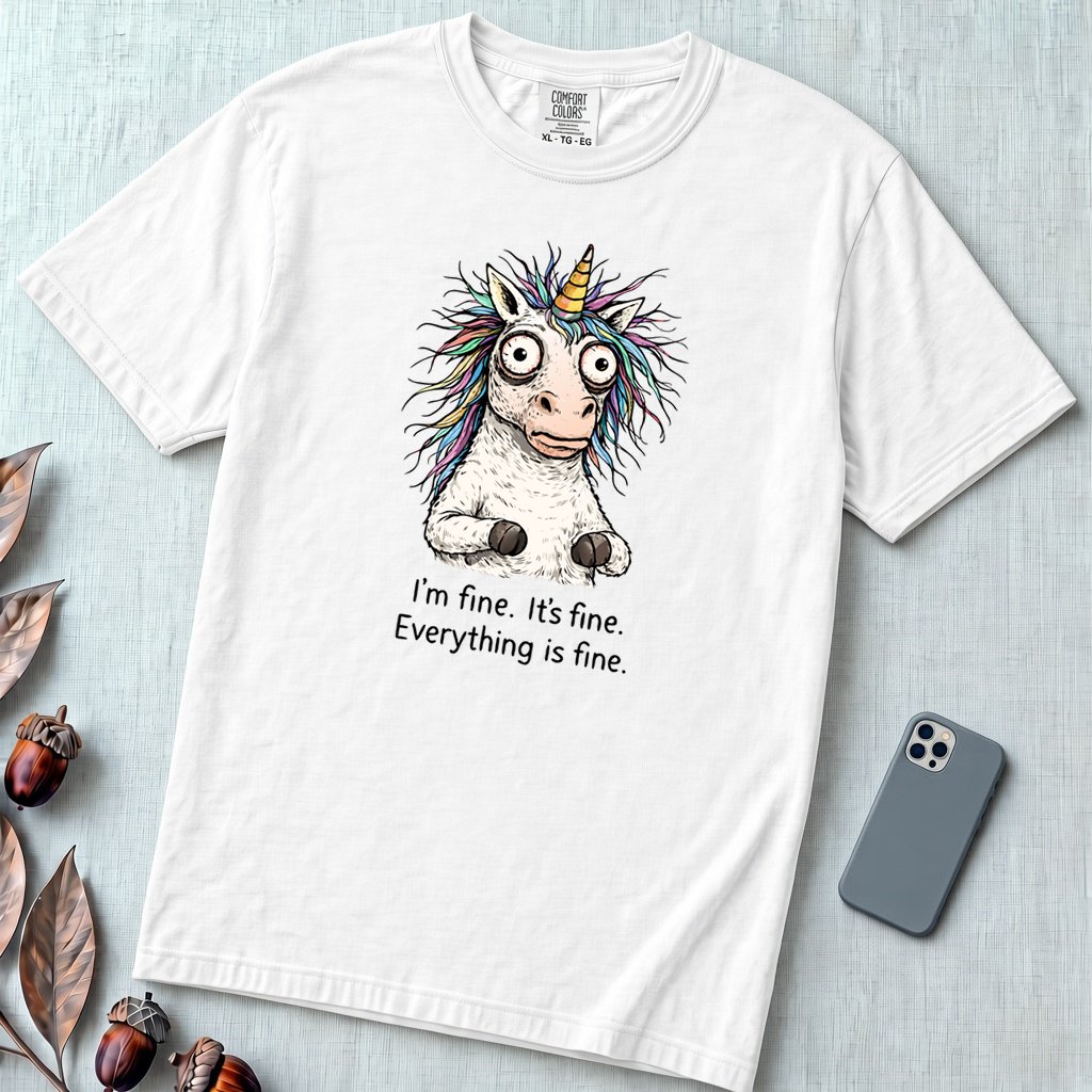 Funny Stressed Unicorn Shirt, I'm Fine Everything is Fine Tee - White unfolded t-shirt mockup