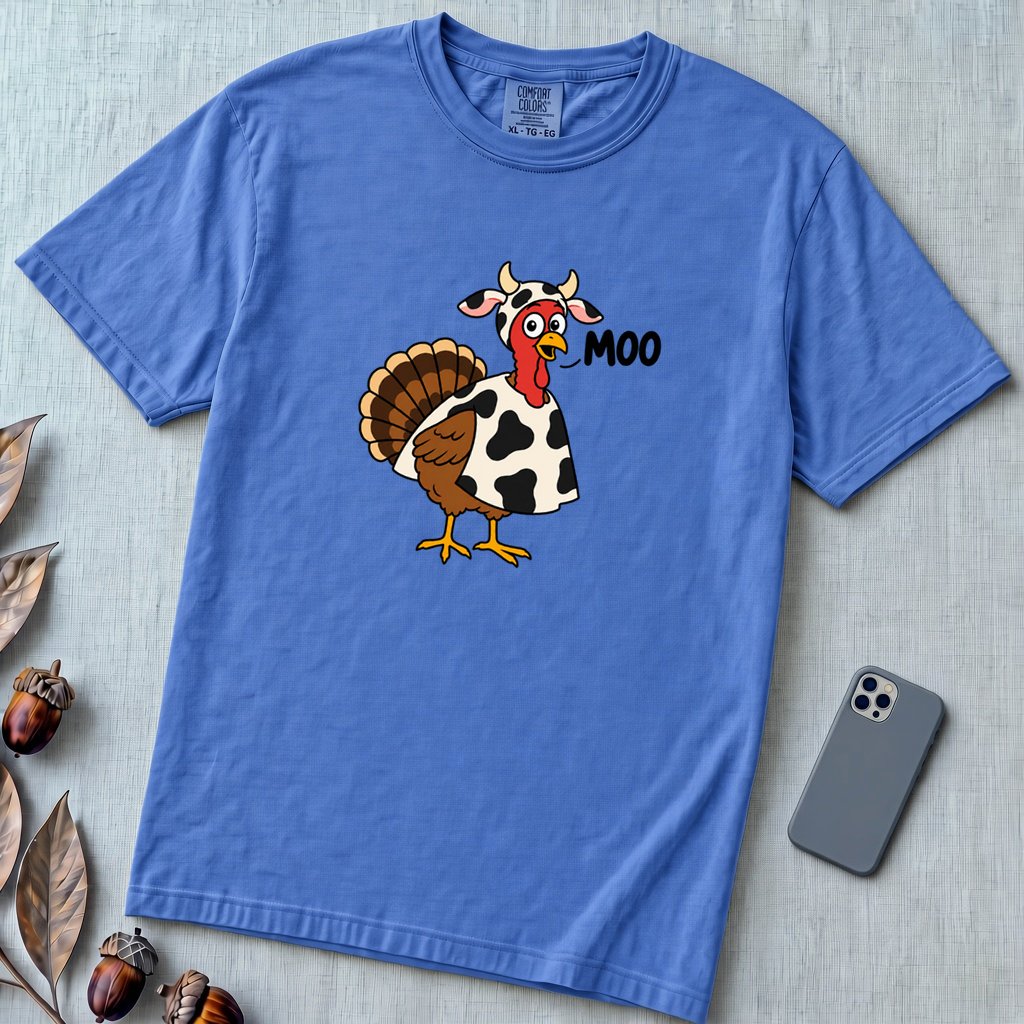 Funny Thanksgiving Turkey T-Shirt - Flo Blue unfolded t-shirt mockup