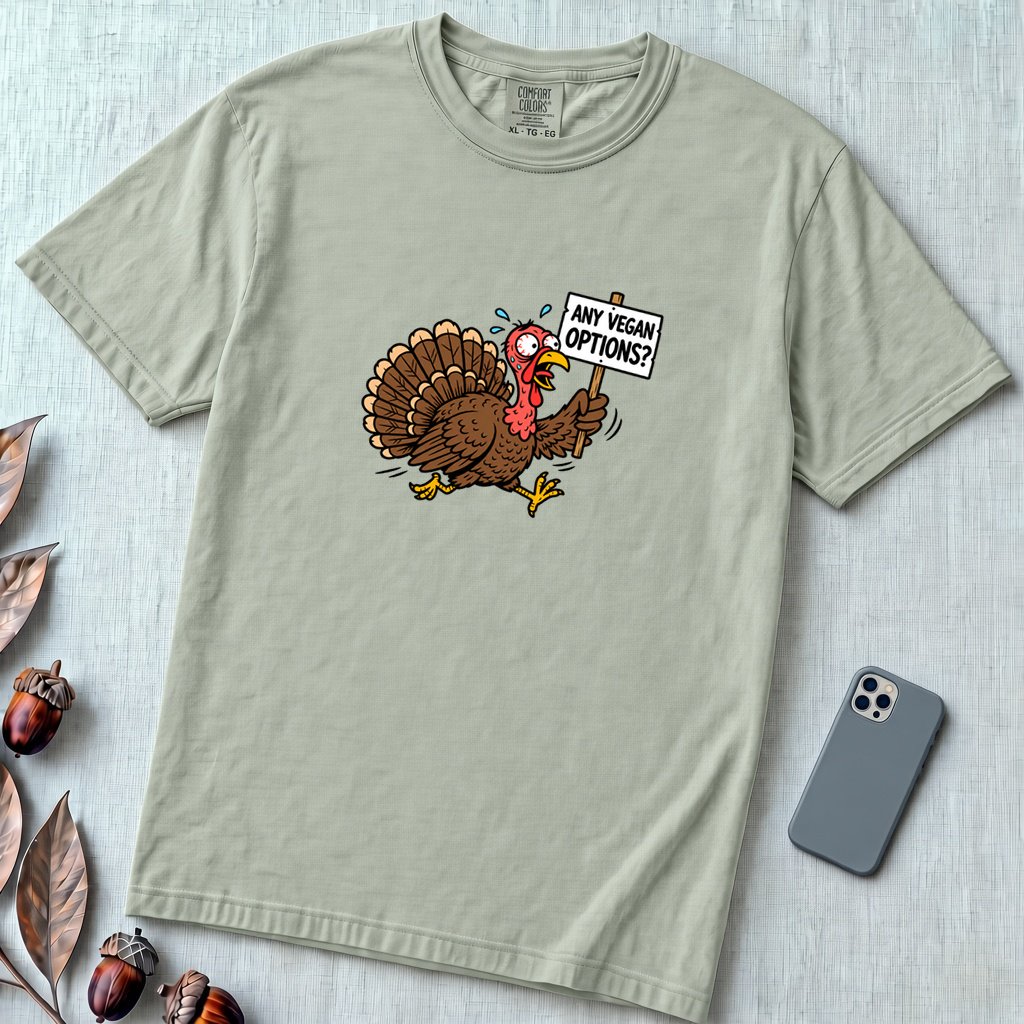 Funny Vegan Thanksgiving Turkey T-Shirt - Bay unfolded t-shirt mockup