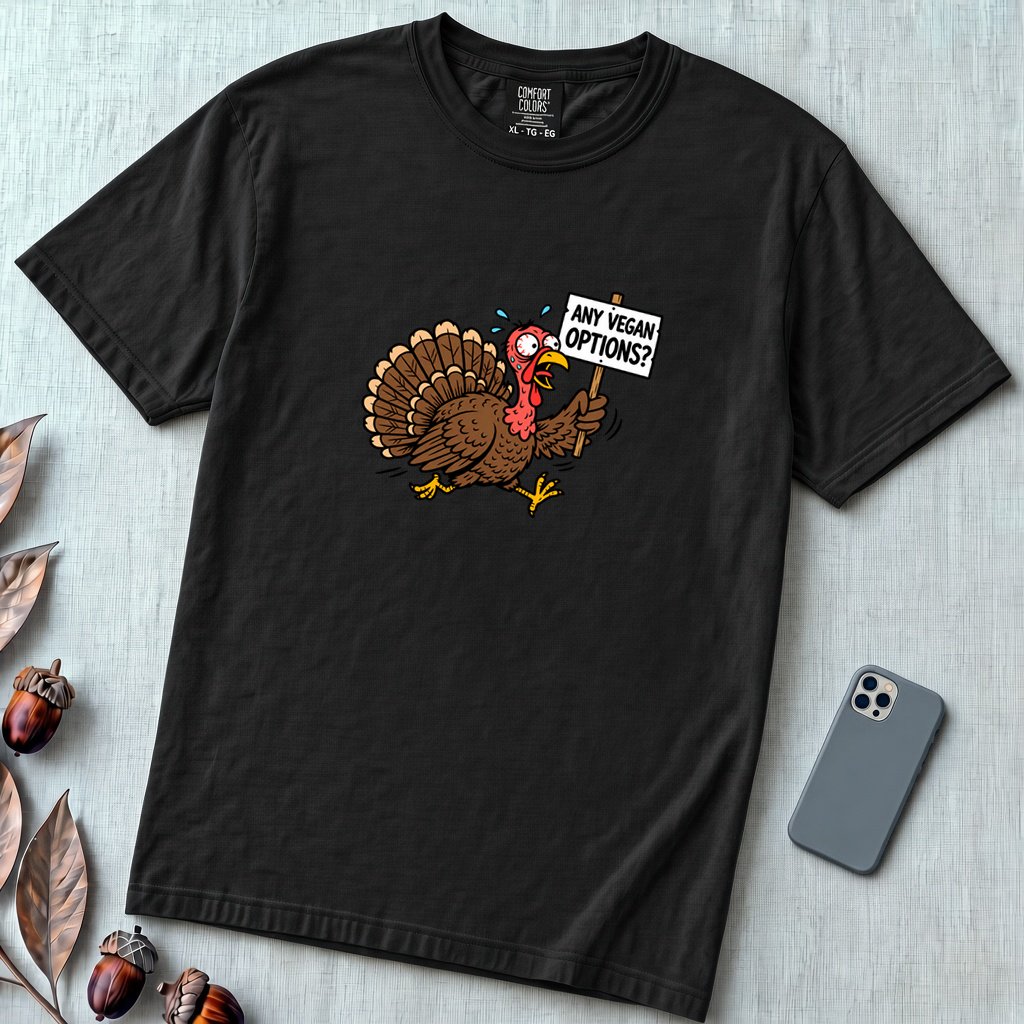 Funny Vegan Thanksgiving Turkey T-Shirt - Black unfolded t-shirt mockup