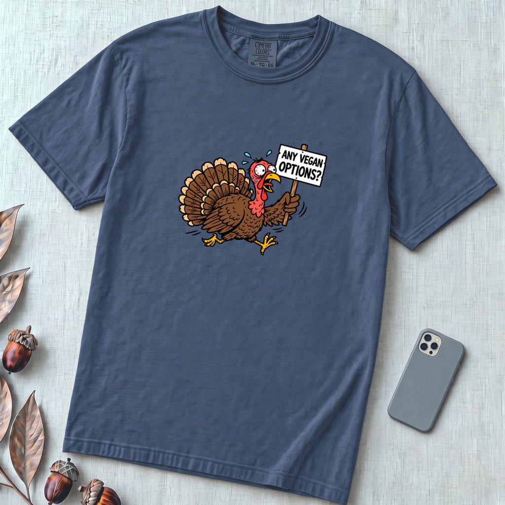 Funny Vegan Thanksgiving Turkey T-Shirt - Denim unfolded t-shirt mockup
