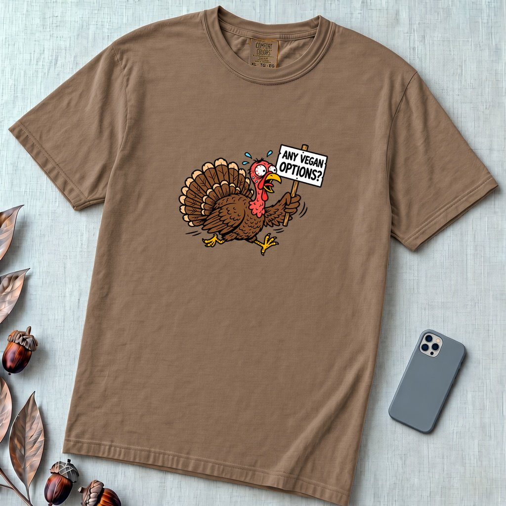 Funny Vegan Thanksgiving Turkey T-Shirt - Espresso unfolded t-shirt mockup