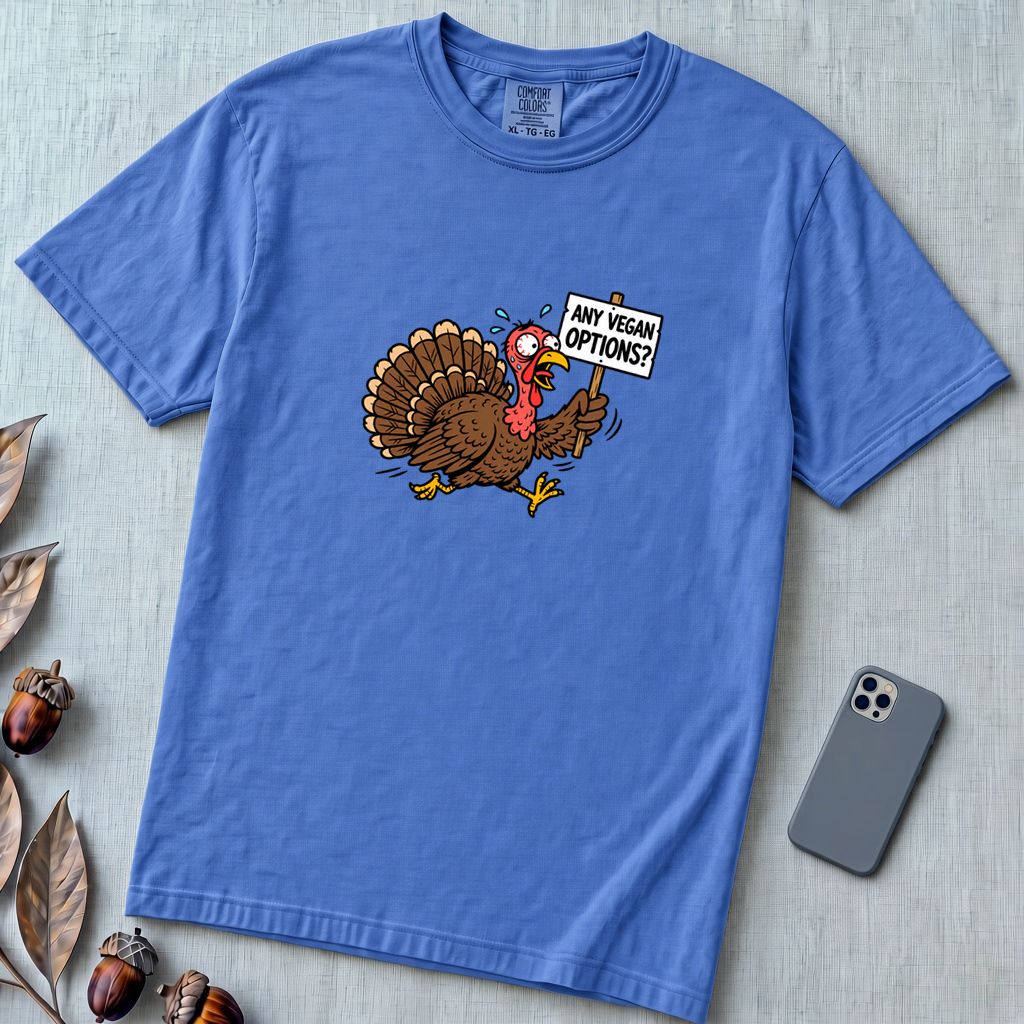 Funny Vegan Thanksgiving Turkey T-Shirt - Flo Blue unfolded t-shirt mockup