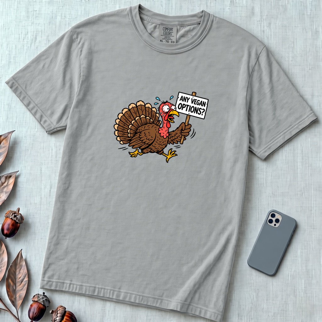 Funny Vegan Thanksgiving Turkey T-Shirt - Granite unfolded t-shirt mockup