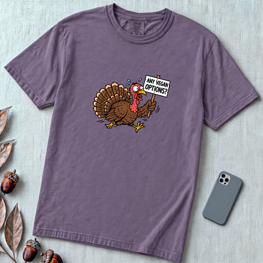 Funny Vegan Thanksgiving Turkey T-Shirt - Grape unfolded t-shirt mockup