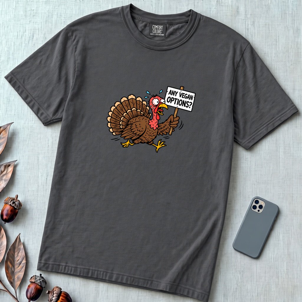 Funny Vegan Thanksgiving Turkey T-Shirt - Graphite unfolded t-shirt mockup