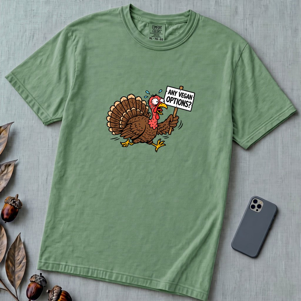 Funny Vegan Thanksgiving Turkey T-Shirt - Light Green unfolded t-shirt mockup
