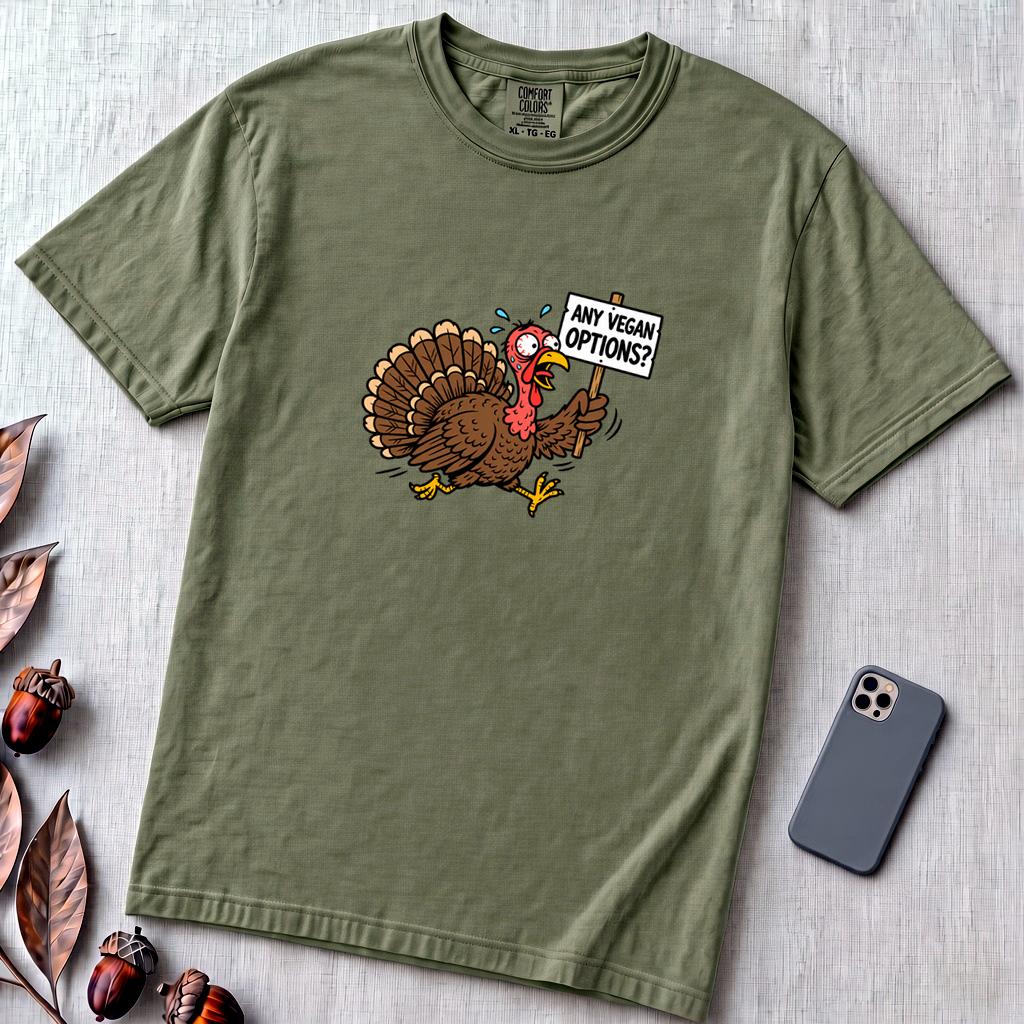 Funny Vegan Thanksgiving Turkey T-Shirt - Sage unfolded t-shirt mockup