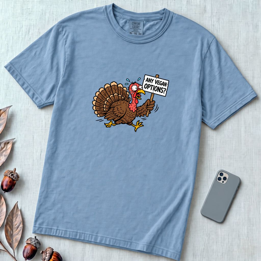 Funny Vegan Thanksgiving Turkey T-Shirt - Washed Denim unfolded t-shirt mockup