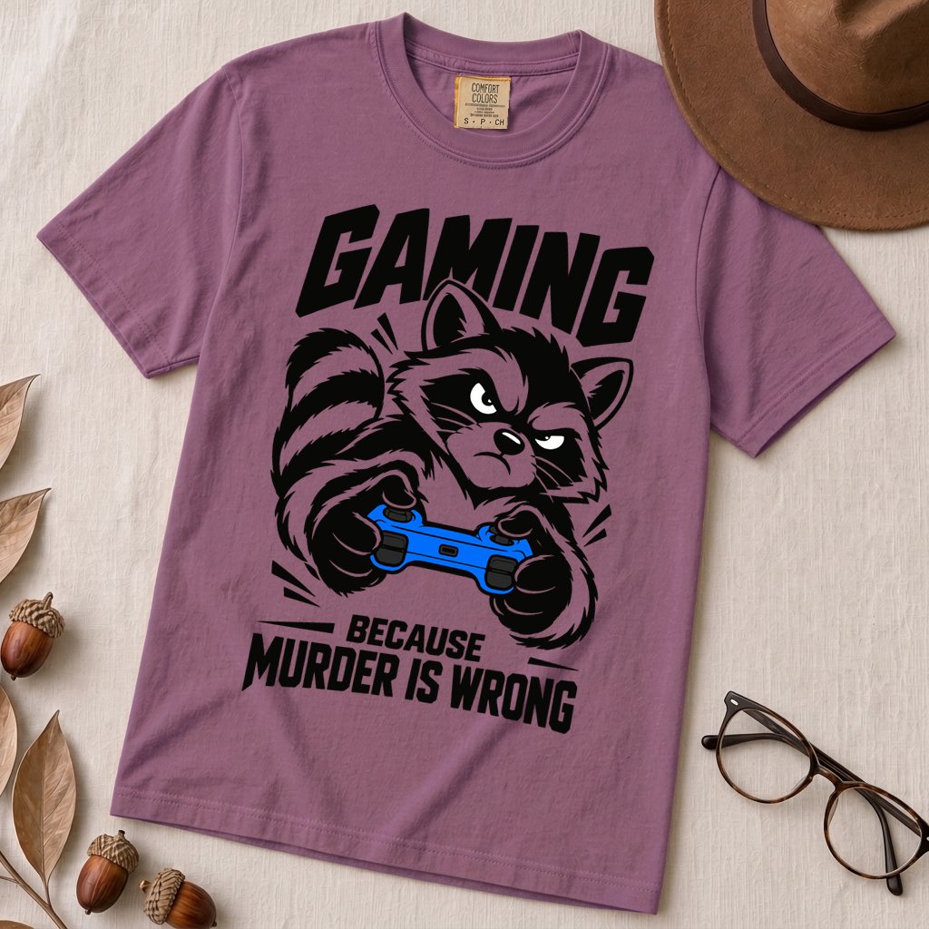 Gaming Because Murder Is Wrong Raccoon T-Shirt - Berry unfolded t-shirt mockup
