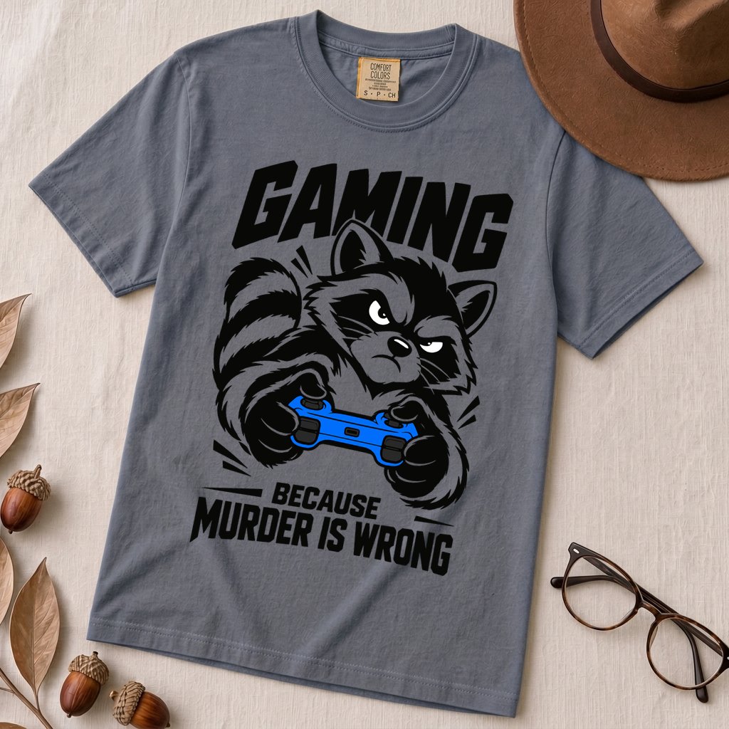 Gaming Because Murder Is Wrong Raccoon T-Shirt - Denim unfolded t-shirt mockup
