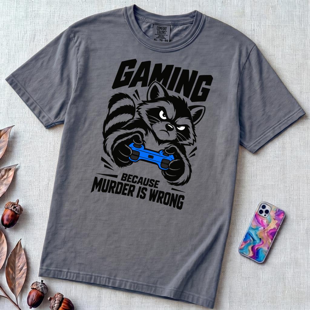 Gaming Because Murder Is Wrong Raccoon T-Shirt - Denim unfolded t-shirt mockup