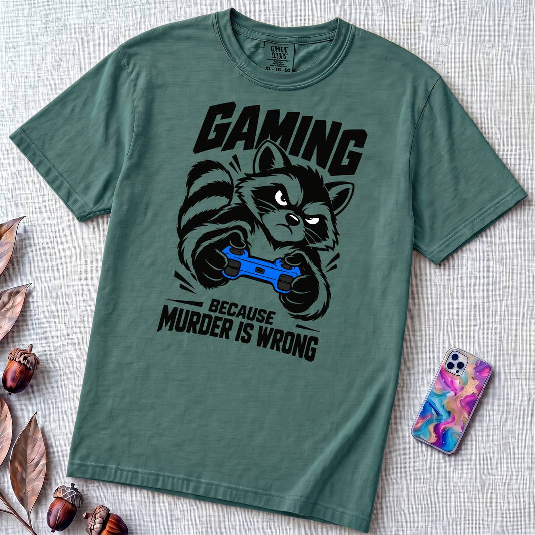 Gaming Because Murder Is Wrong Raccoon T-Shirt - Emerald unfolded t-shirt mockup