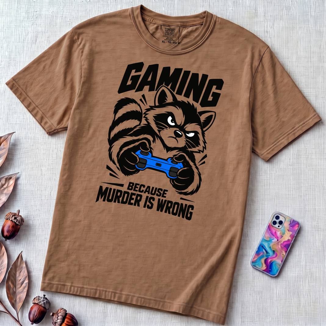 Gaming Because Murder Is Wrong Raccoon T-Shirt - Espresso unfolded t-shirt mockup