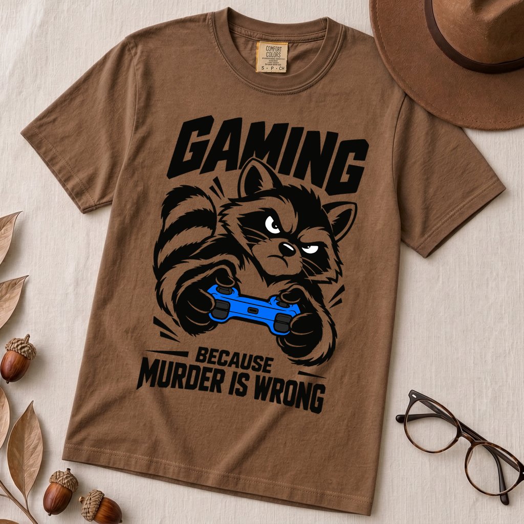 Gaming Because Murder Is Wrong Raccoon T-Shirt - Espresso unfolded t-shirt mockup