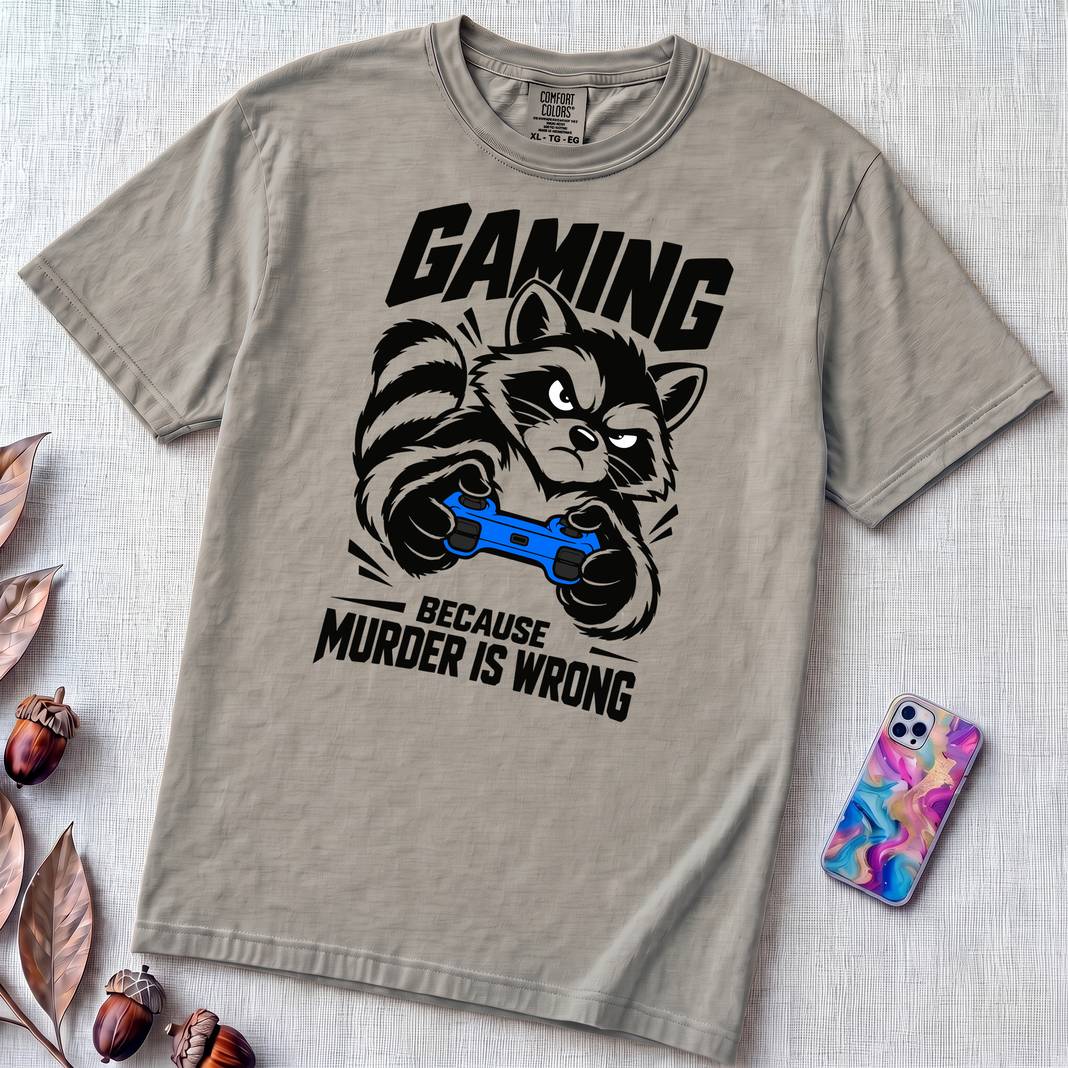 Gaming Because Murder Is Wrong Raccoon T-Shirt - Granite unfolded t-shirt mockup