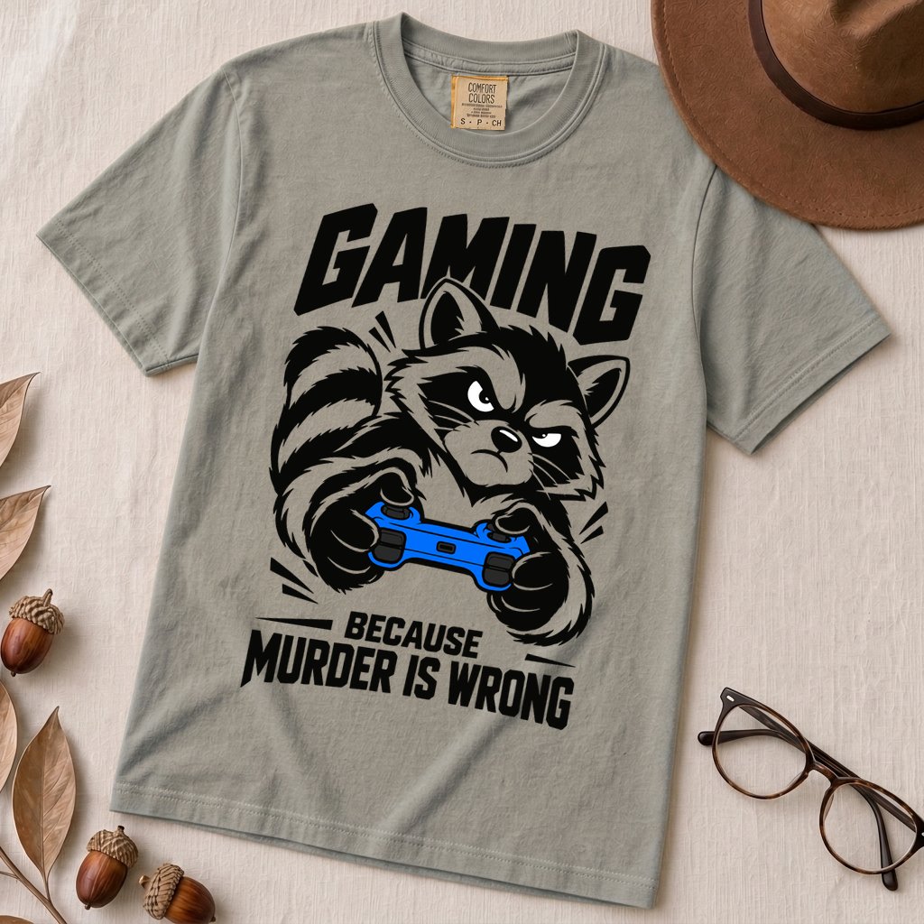 Gaming Because Murder Is Wrong Raccoon T-Shirt - Granite unfolded t-shirt mockup