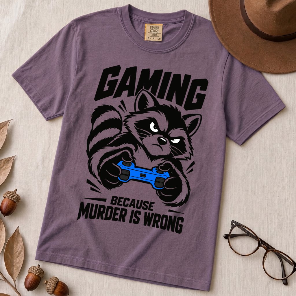 Gaming Because Murder Is Wrong Raccoon T-Shirt - Grape unfolded t-shirt mockup