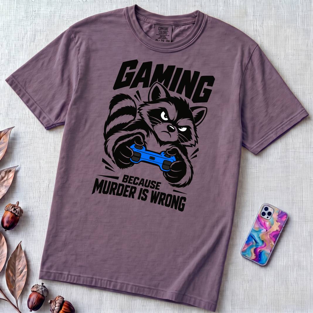 Gaming Because Murder Is Wrong Raccoon T-Shirt - Grape unfolded t-shirt mockup