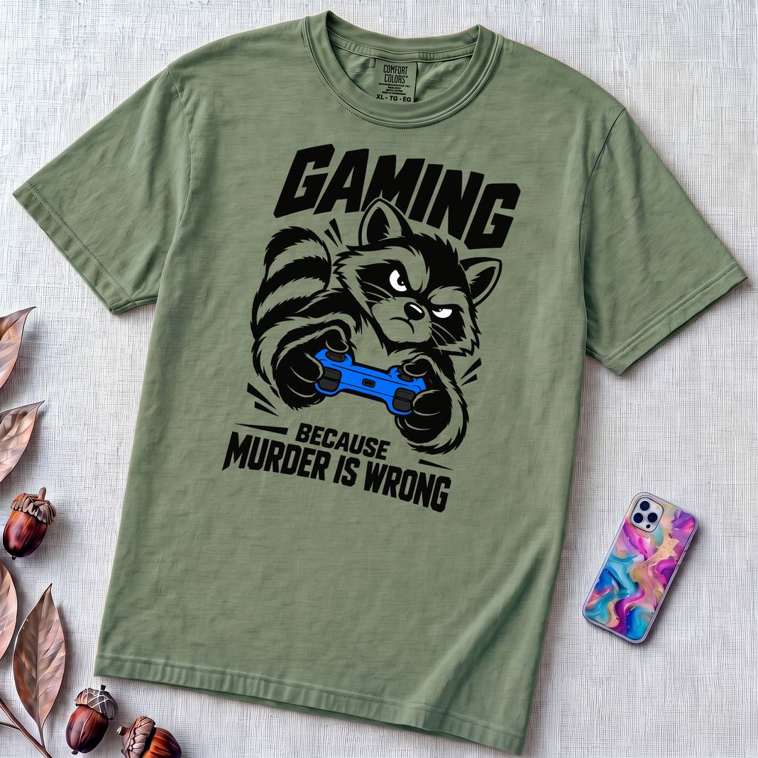 Gaming Because Murder Is Wrong Raccoon T-Shirt - Light Green unfolded t-shirt mockup