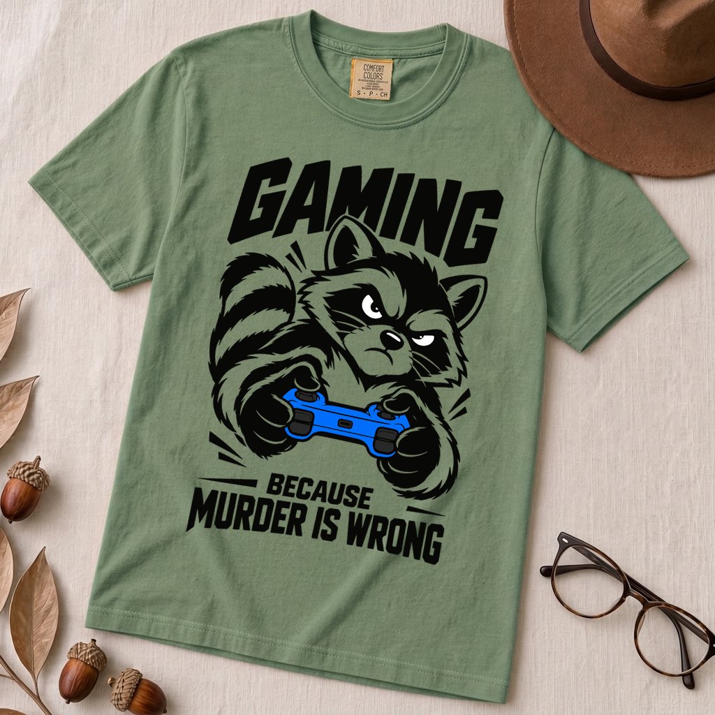 Gaming Because Murder Is Wrong Raccoon T-Shirt - Light Green unfolded t-shirt mockup