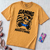 Gaming Because Murder Is Wrong Raccoon T-Shirt - Mustard unfolded t-shirt mockup