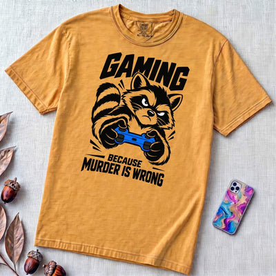 Gaming Because Murder Is Wrong Raccoon T-Shirt - Mustard unfolded t-shirt mockup