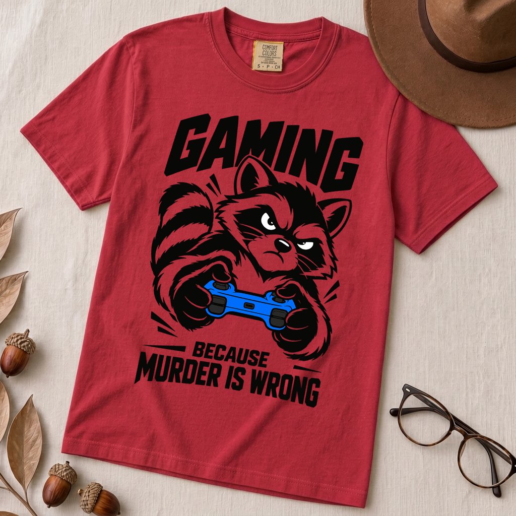 Gaming Because Murder Is Wrong Raccoon T-Shirt - Red unfolded t-shirt mockup
