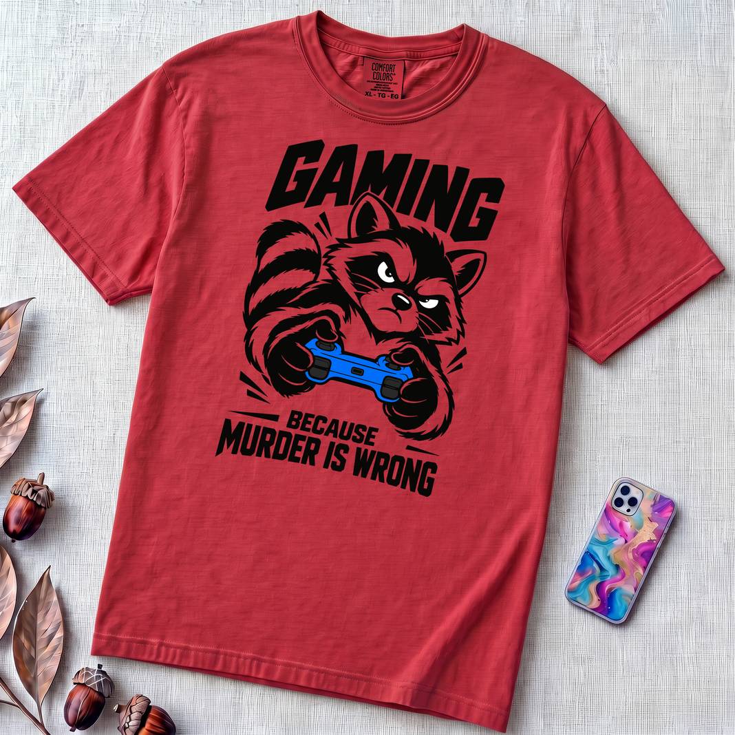 Gaming Because Murder Is Wrong Raccoon T-Shirt - Red unfolded t-shirt mockup