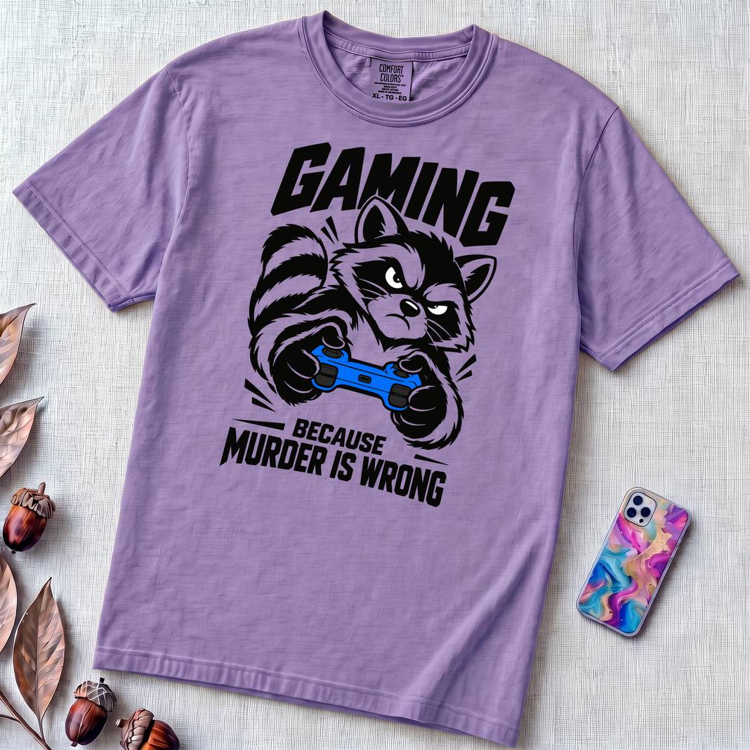 Gaming Because Murder Is Wrong Raccoon T-Shirt - Violet unfolded t-shirt mockup